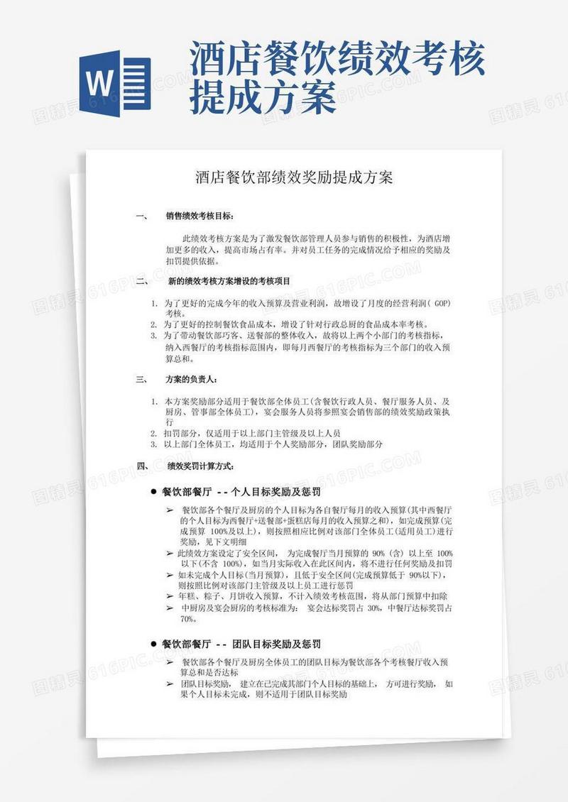 酒店餐饮部绩效奖励提成方案
