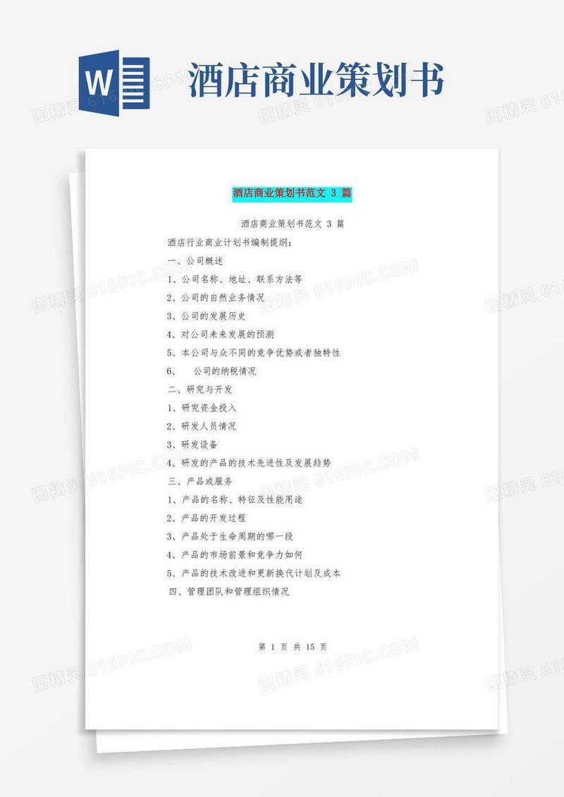 酒店商业策划书范文3篇(完整版)