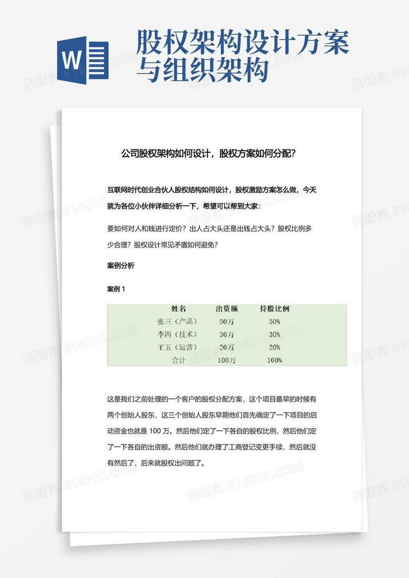 公司股权架构如何设计,股权方案如何分配？