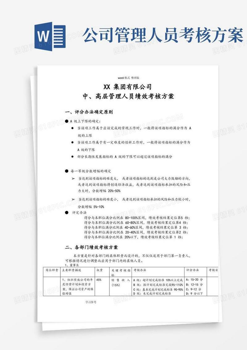 集团公司中、高层管理人员绩效考核方案