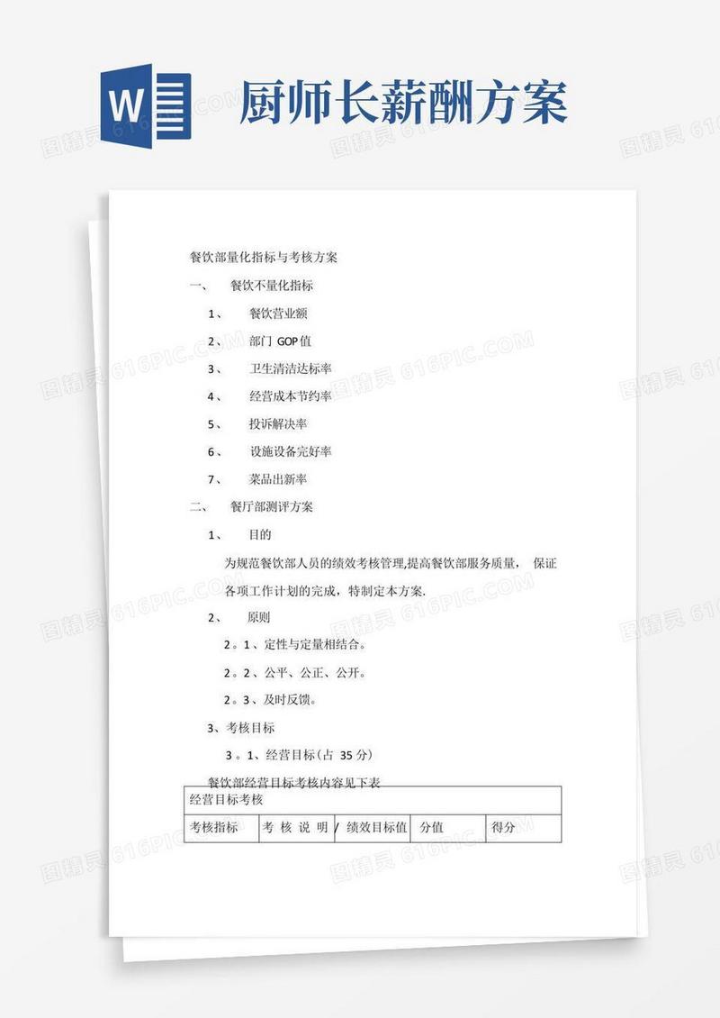 厨师长绩效考核方案