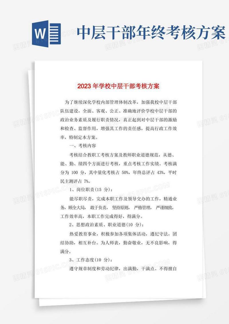 2023年学校中层干部考核方案
