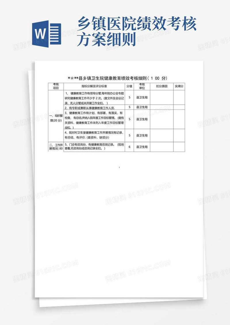 某县乡镇卫生院健康教育绩效考核细则