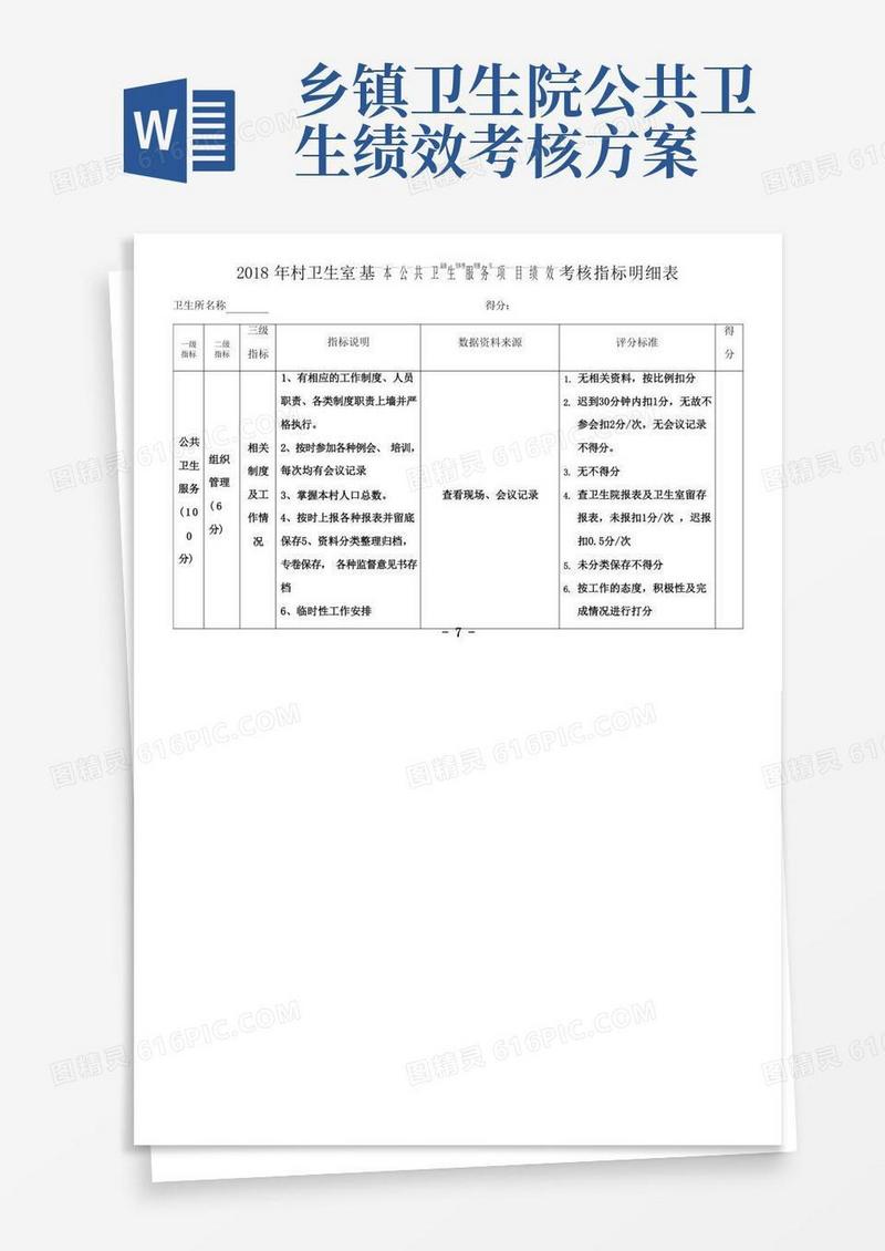 村卫生室基本公共卫生服务项目绩效考核细则
