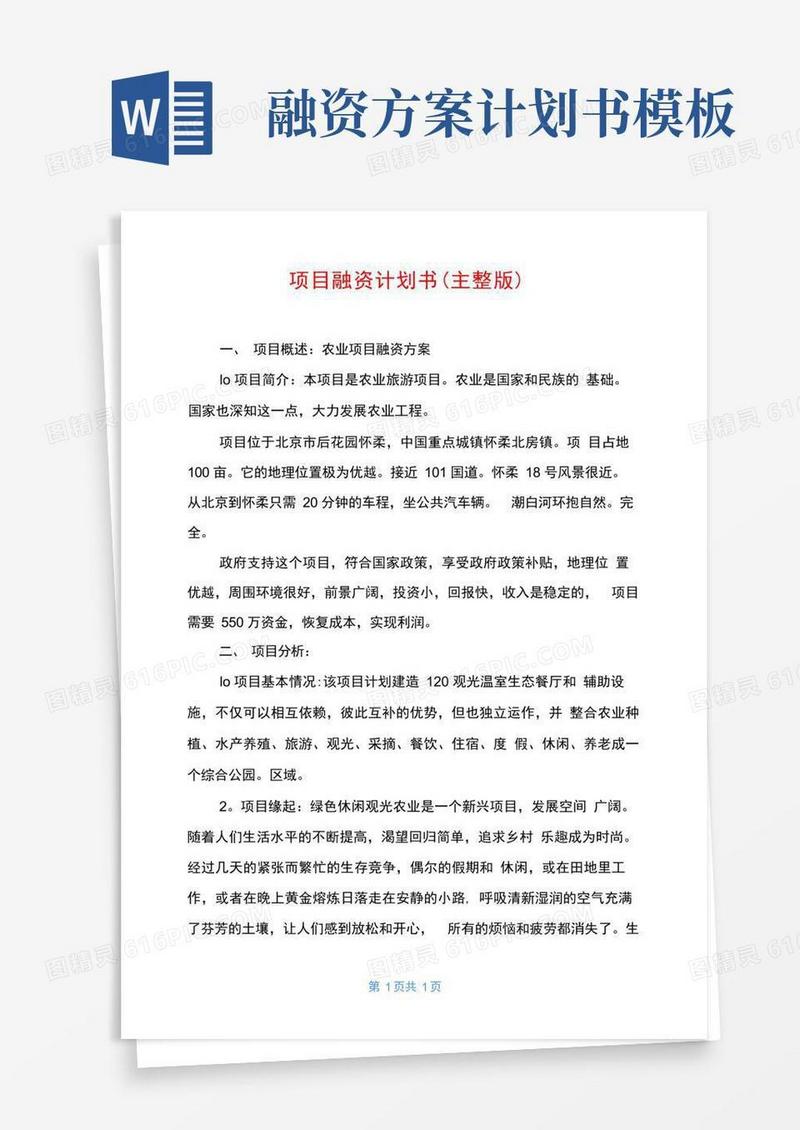 项目融资计划书(完整版)