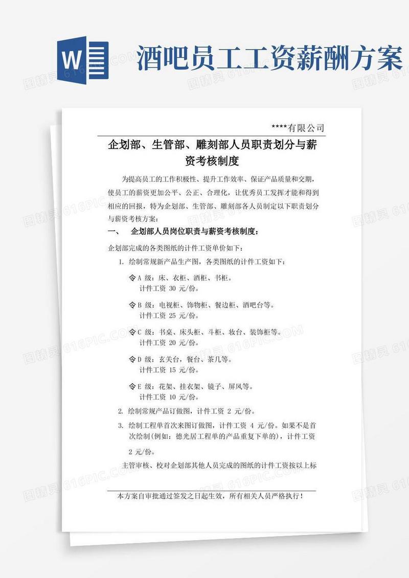 家具公司企划部、生管部、雕刻部人员职责划分与薪资考核制度