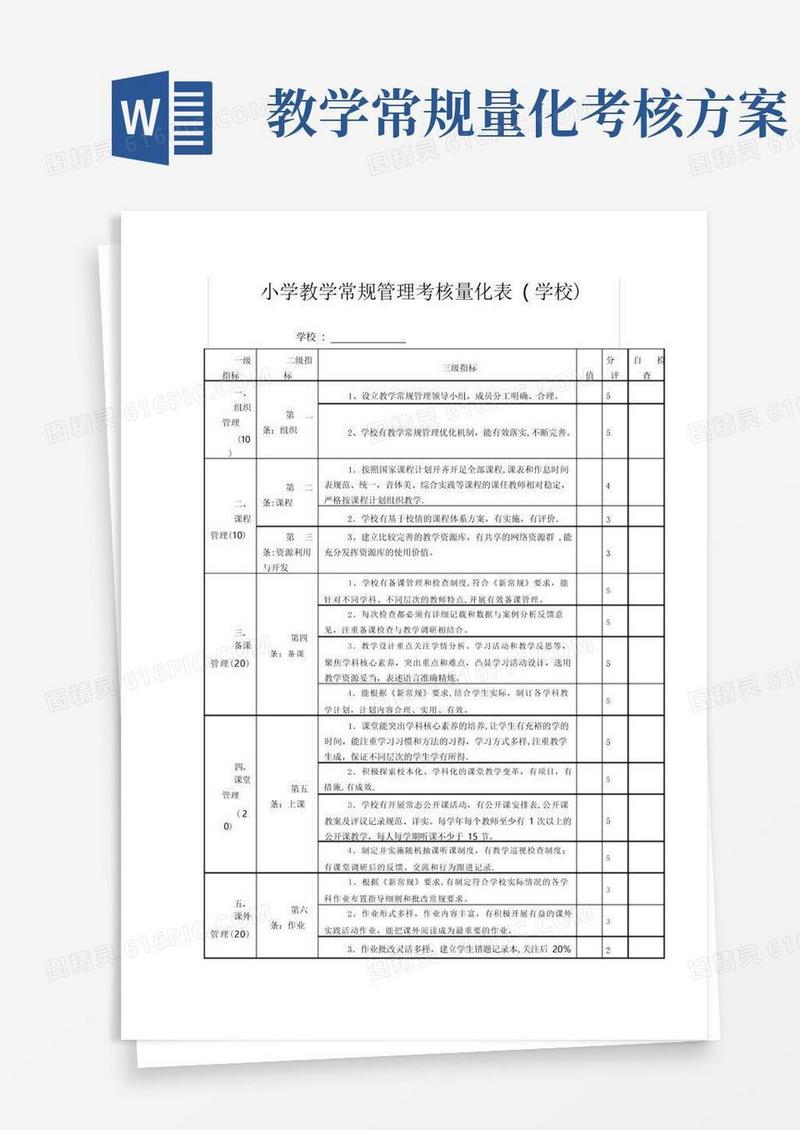 小学教学常规管理考核量化表