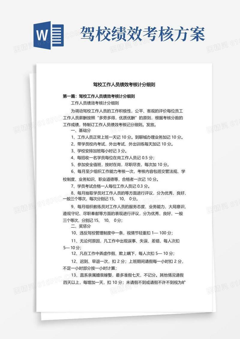 驾校工作人员绩效考核计分细则