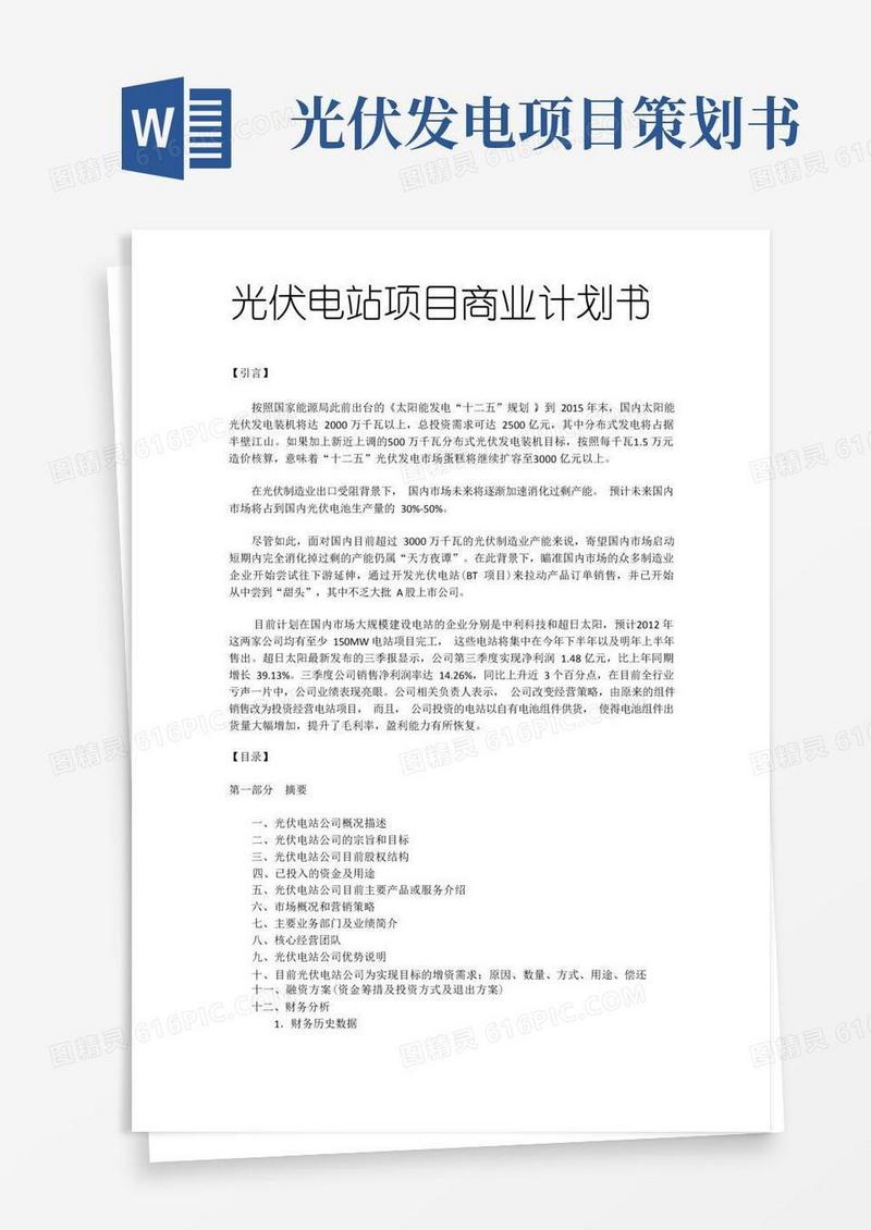 光伏电站项目商业计划书Word文档