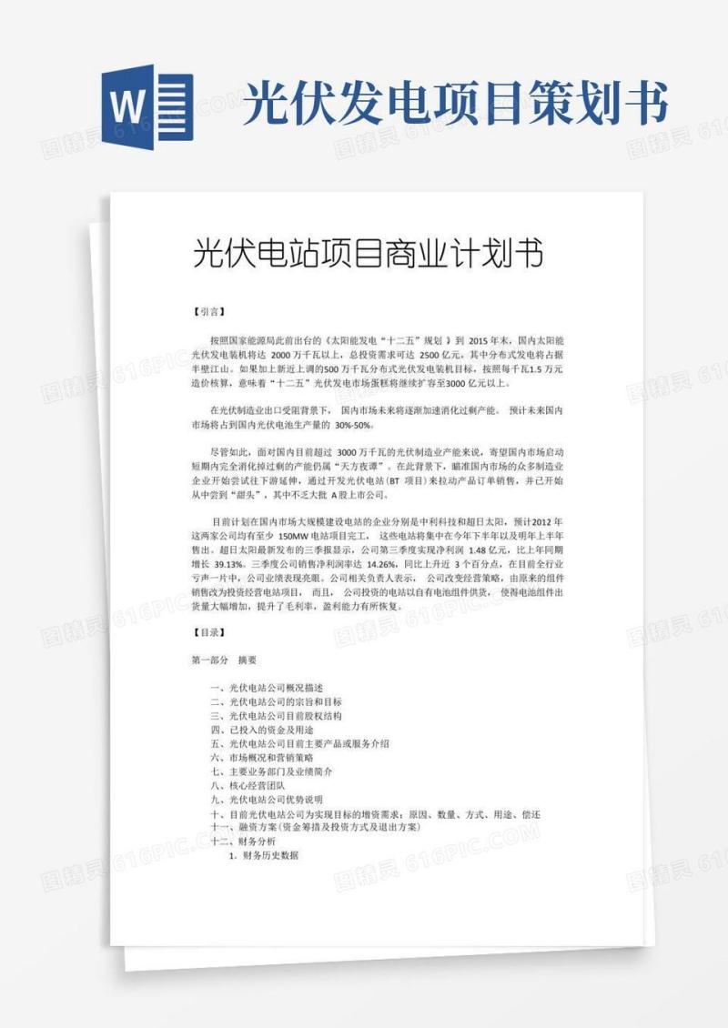 光伏电站项目商业计划书Word文档