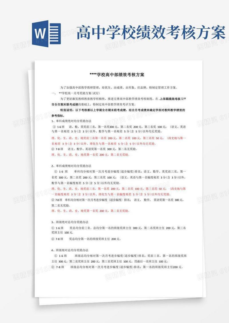 学校高中部绩效考核方案