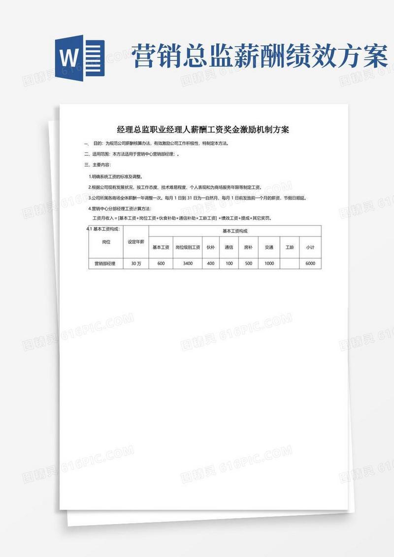 经理总监职业经理人薪酬工资奖金激励机制方案