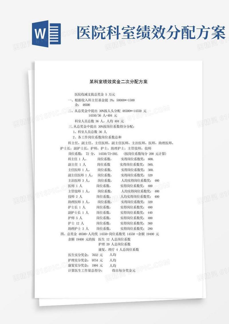 科室绩效奖金二次分配方案