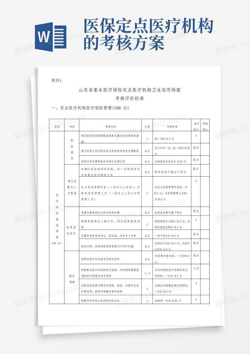 山东省基本医疗保险定点医疗机构卫生信用档案考核评价标准