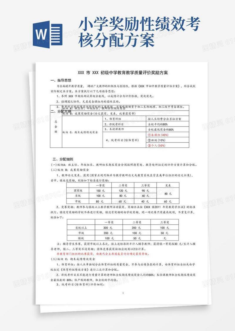 中小学教师教育教学质量评价奖励方案(期末绩效奖金分配方案)
