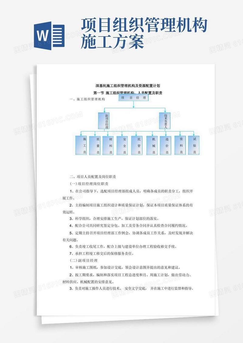 深基坑施工组织管理机构及资源配置计划