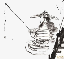 手绘江边垂钓
