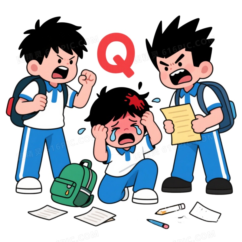 蓝白校服男孩冲突卡通手绘元素