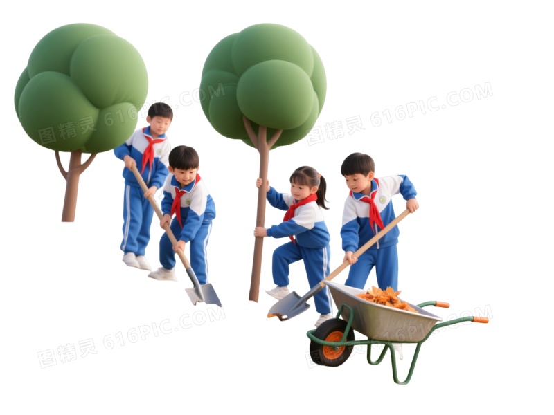 蓝白校服儿童植树卡通手绘元素