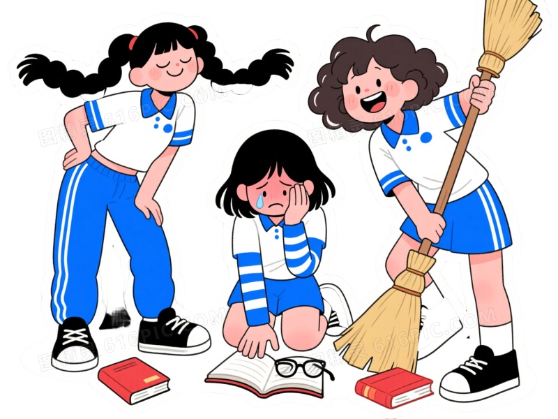 蓝白校服女学生卡通手绘元素