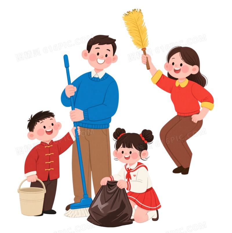 温馨四口之家大扫除卡通手绘元素