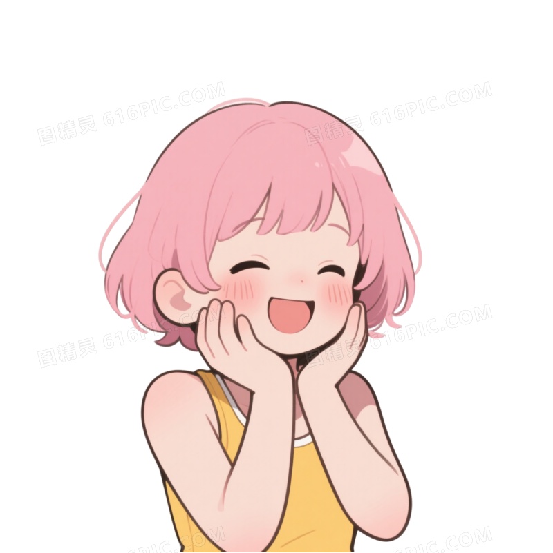 粉色短发少女卡通手绘元素