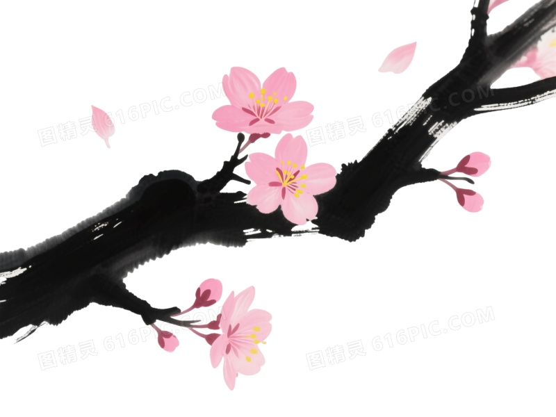 水墨樱花枝条装饰图案