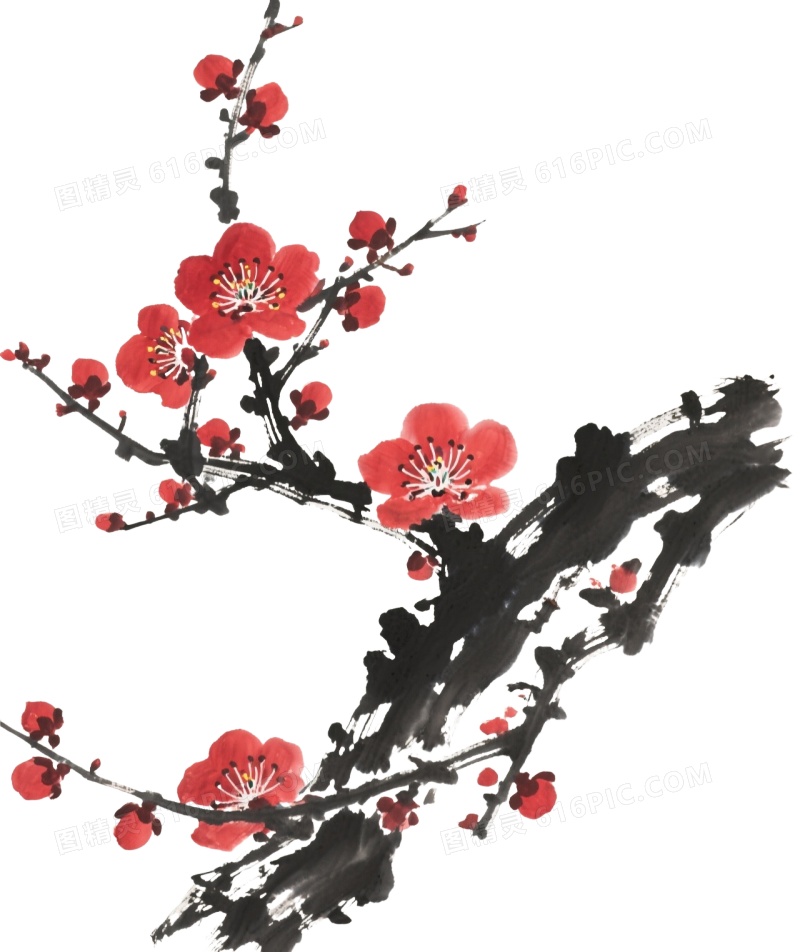 水墨红梅枝条装饰图案