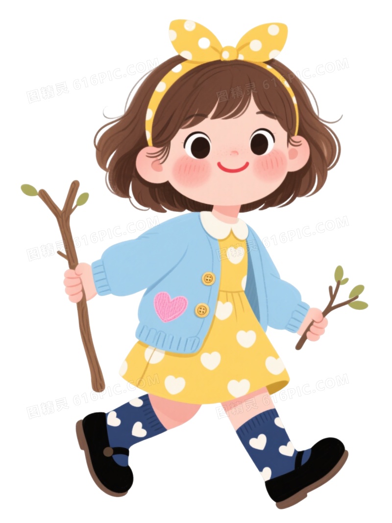 棕发女孩插画风格卡通手绘元素