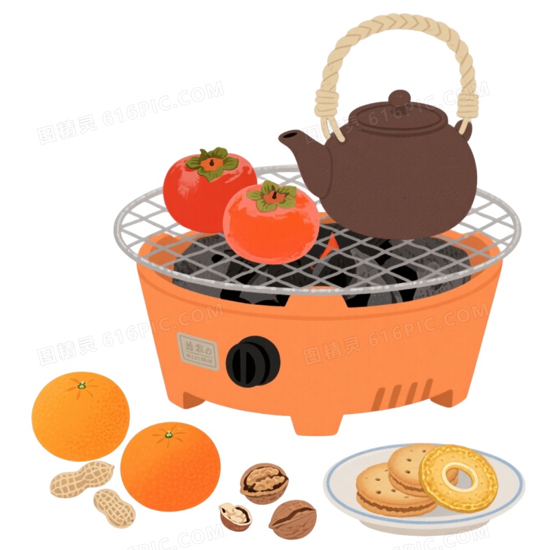 橙色炭火炉日式静物插画元素