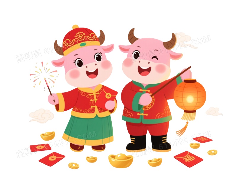 粉嫩卡通牛中国风喜庆插画元素