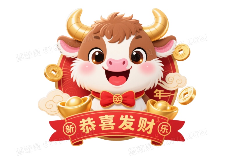 棕白卡通牛头中国风喜庆插画元素
