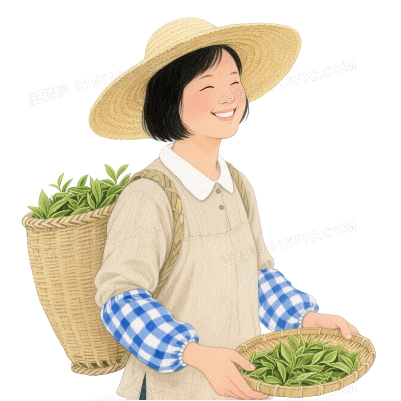 水彩农妇采茶卡通手绘元素
