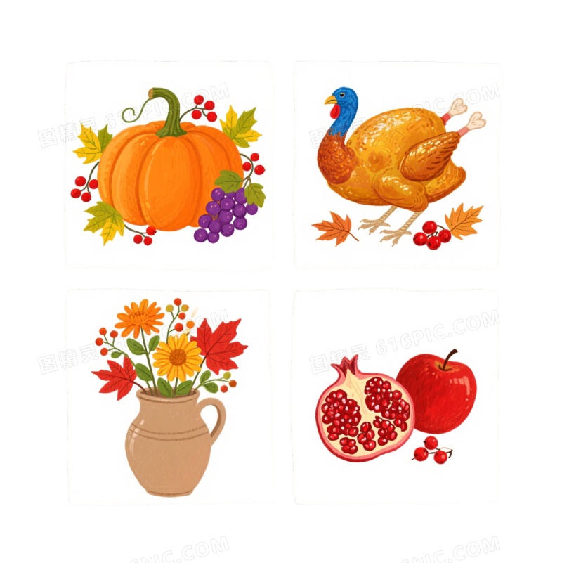 秋季丰收四联插画装饰图案