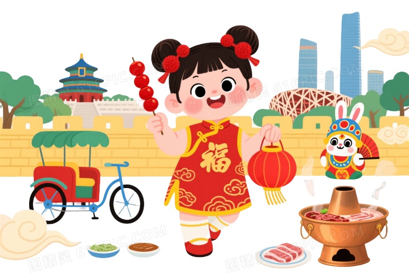 红金唐装女孩卡通手绘元素