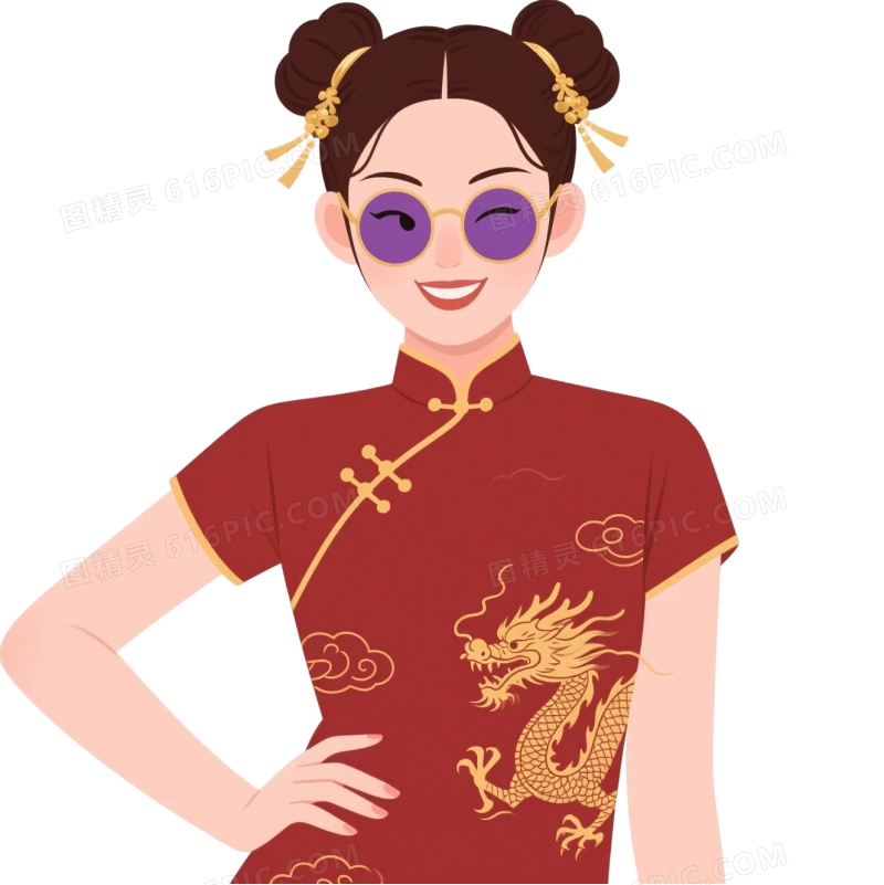 酒红旗袍女扁平插画元素