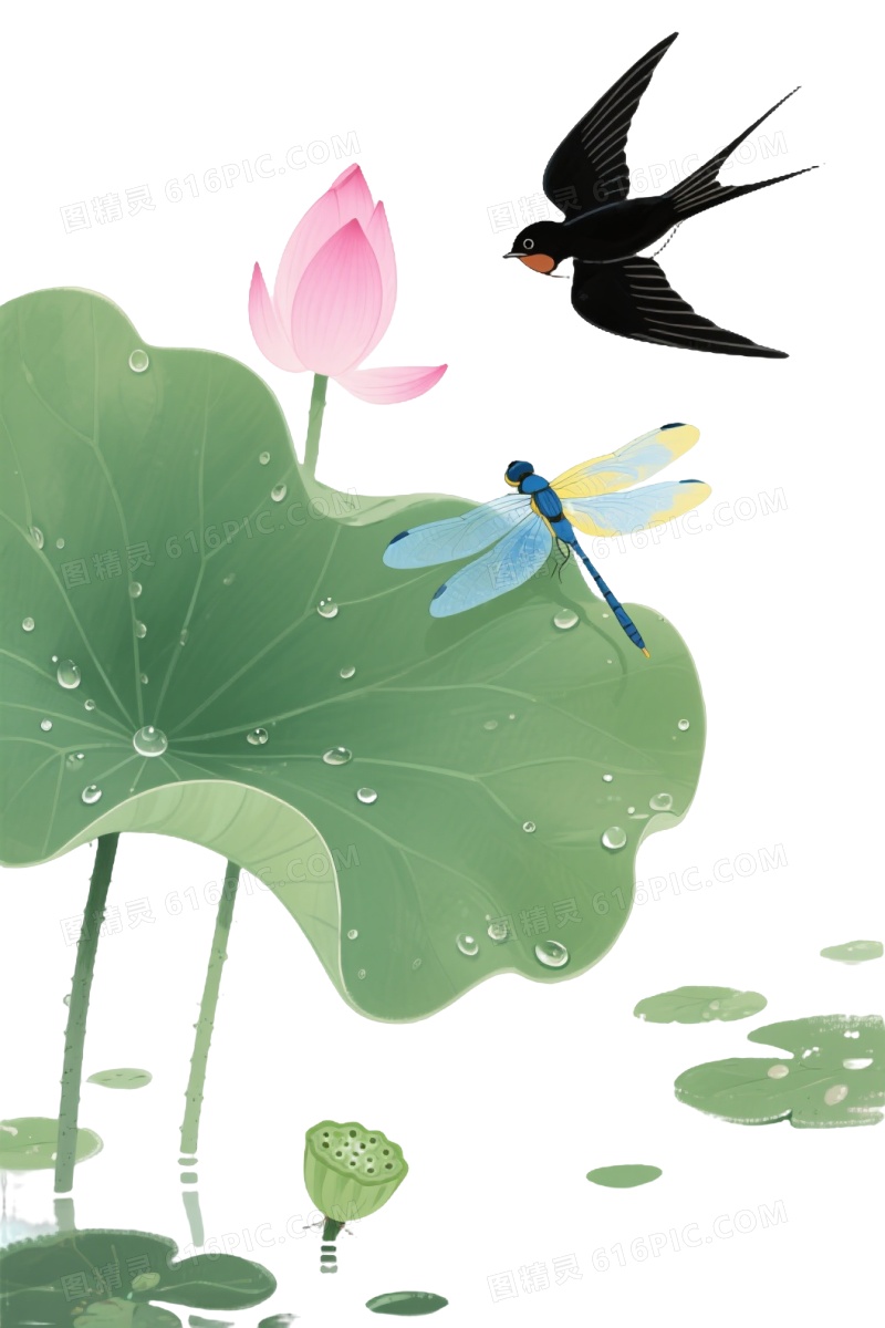 水墨荷塘生态插画元素