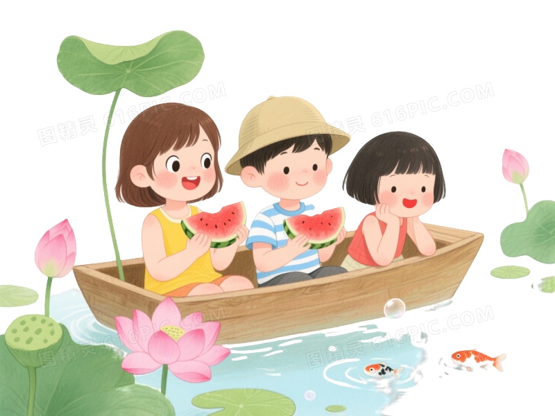 水彩风三孩木船漂浮元素