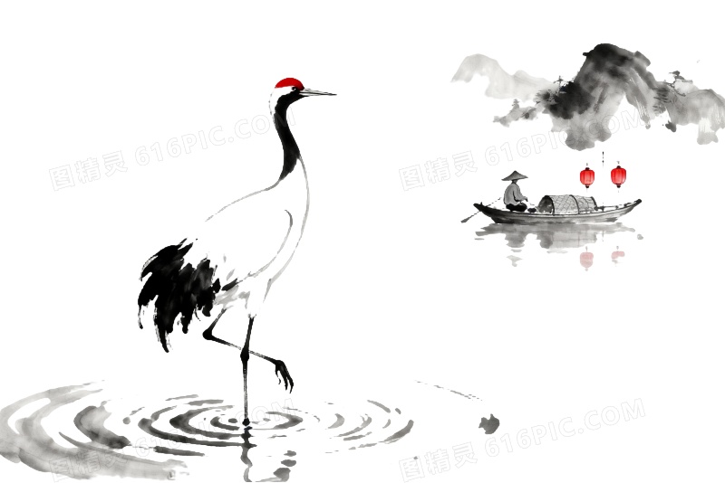 水墨丹顶鹤渔舟节日元素