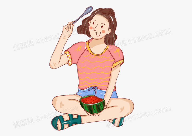 手绘插画吃西瓜的可爱少女