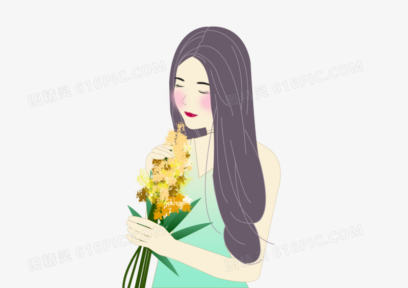 绿色捧花的少女