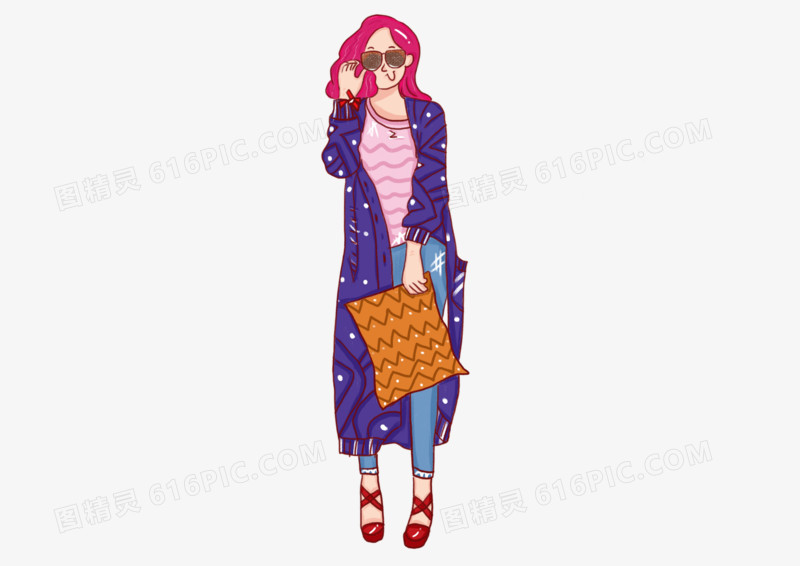 手绘插画可爱墨镜少女