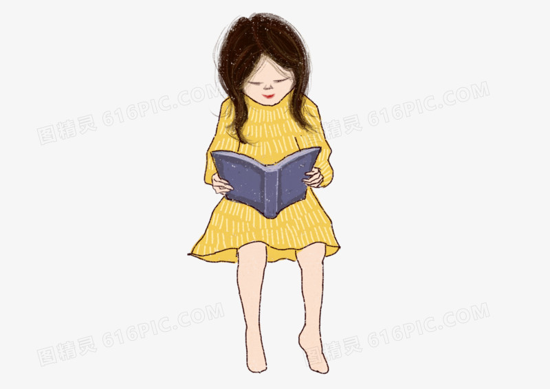 手绘插画读书日爱看书的小女孩