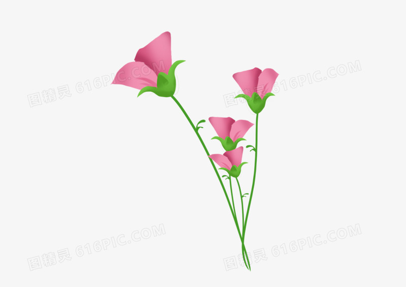手绘卡通粉色小花朵绿色细长茎