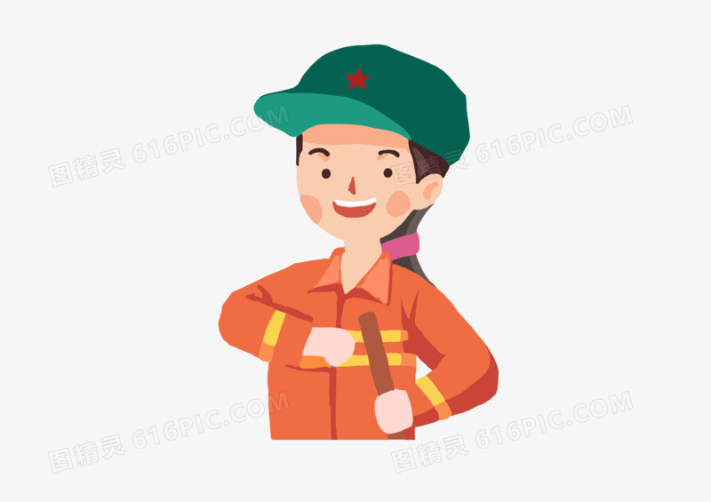 手绘卡通橙色环卫工人