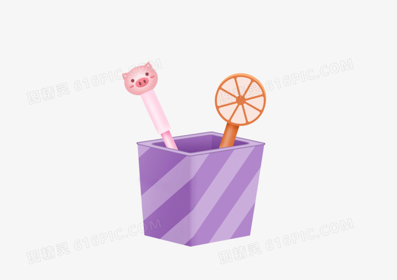 手绘卡通教育紫色条纹方笔筒