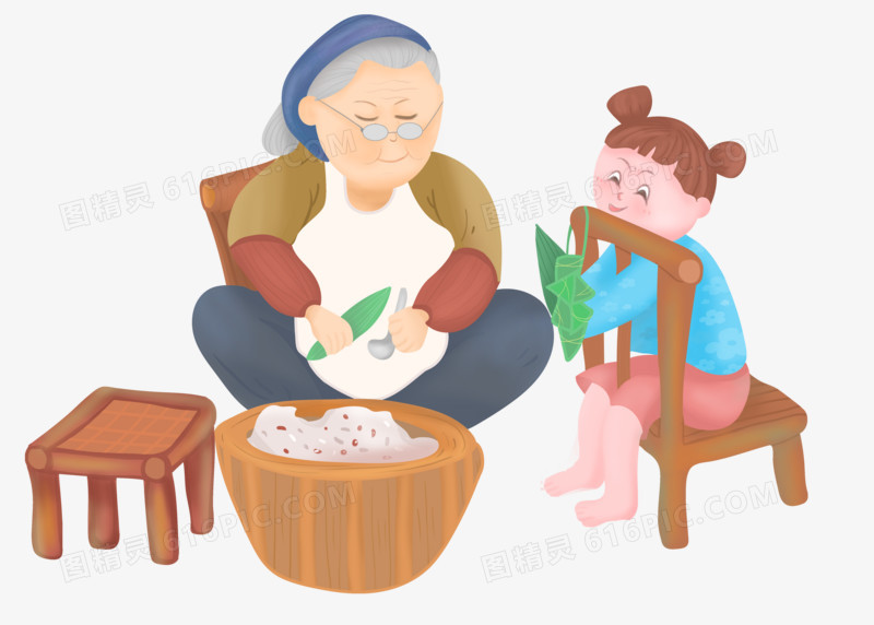 端午节奶奶与孙女包粽子插画情怀素材