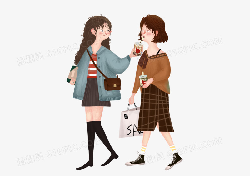 手绘逛街购物喝奶茶的女孩