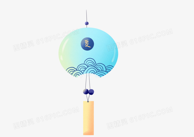 手绘卡通小清新水彩可爱蓝色夏日风铃夏至免扣