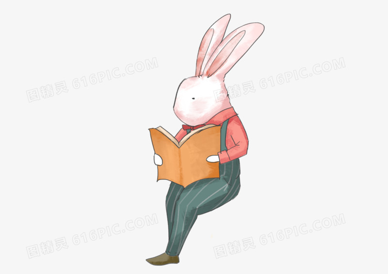 白色可爱手绘卡通小清新复活节背带裤看书小兔子免抠素材